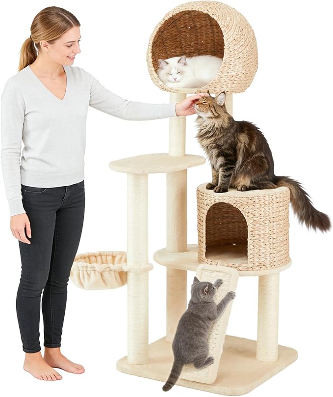 Rattan Cat Tree,60.2'' Tall Modern Cat Tree Tower with Scratching Post for Indoor Cats Large Adult,Luxury Multi Level Cattail Cat Condo with Big House,Hammock,Scratcher Board for Multiple Cats
