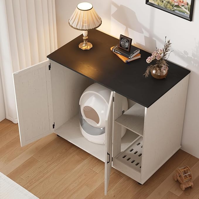 Large Litter Box Enclosure with Litter Collector & Dog-Proof Shelf, Hidden Litter Box Furniture for Self Cleaning Litter Box, Wodden Litter Box Cabinet, Cat Box Enclosure, Side Table, White