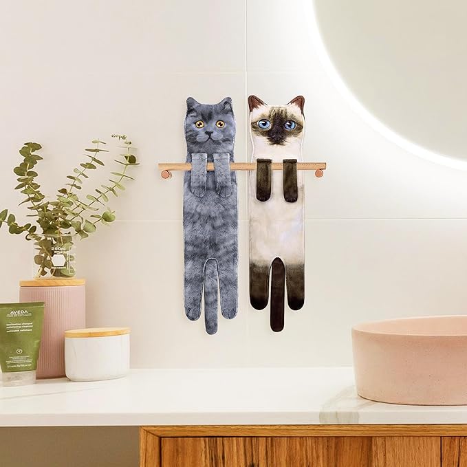 Funny Hand Towels for Bathroom Kitchen Decor - Cute Cat Hanging Hand Towel Kitchen Gadgets - Unique Housewarming Birthday Christmas Cat Lover Gift Ideas for Women Mom Lady Adults