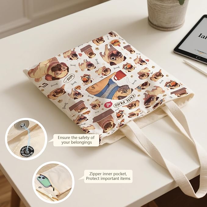 Aesthetic Canvas Tote Bag for Women - with Magnetic Snap Closure & Zipper Inner Pocket Reusable Bag for Shopping