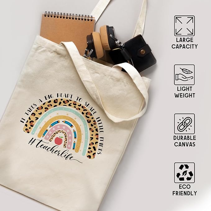 bmuvghi Teacher Appreciation Gifts Canvas Tote Bag It Takes a Big Heart to Shape Little Minds Reusable Shopping Grocery Bags Birthday Gift for Teachers Women
