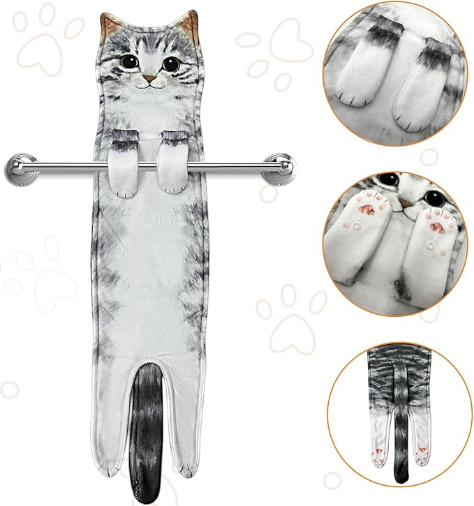 PAT JUUMG Funny Cat Hand Towels for Bathroom Kitchen Decor Cat Towel, Cute Decorative Hanging Face Towels, Super Absorbent Soft, Housewarming Gift, Cat Lovers Gifts for Women (2 Pack-Towel-04)