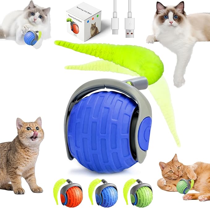 2025 New Interactive Cat Ball Toy for Indoor Cats Rotating Ball Toys,Automatic Moving for Bored Indoor Kitten,360°Automatic Rolling Balls Toy Electric Dogs Cat Balls(Blue)