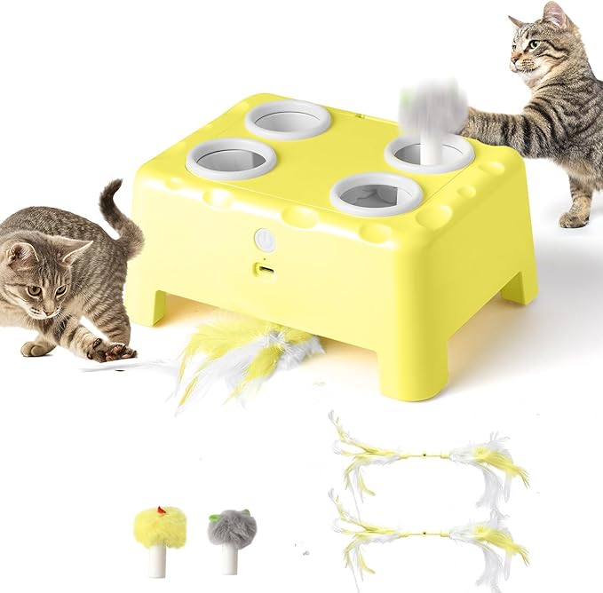 Interactive Cat Toys for Indoor Cats, 2-in-1 Cat Toys Interactive for Bored Indoor Adult Cats, Automatic Electronic Feather Cat Toy, 4 Holes Mole, Rotating Feather, USB Rechargeable