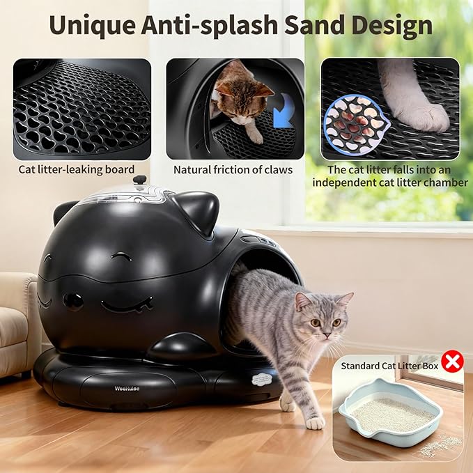 Automatic Cat Litter Box, Semi-Open Large Capacity with Triple Odor Removal System, App Control and Health Monitor, Safety Sensor, Cute Self Cleaning Litter Box for Multiple Cats (Black)