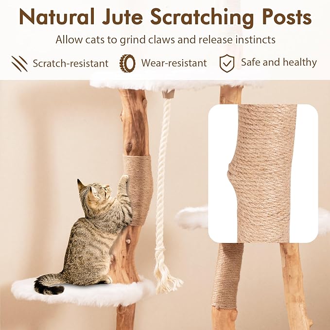 Tangkula Solid Wood Cat Tree, Modern Wooden Cat Tower with Jute Scratching Posts, Perch, Condo, Sisal Rope, Dangling Ball, Soft Long Plush, 66 Inch Tall Cat Tree Tower for Indoor Cats Large Adult