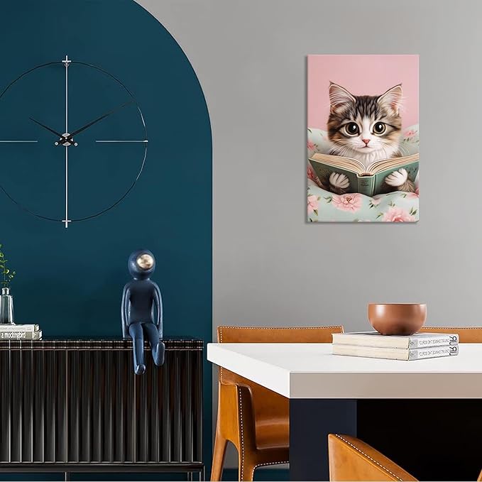 Trendy Cat Reading In Bed Canvas Wall Art Funny Pink Flower Animal Poster Funky Cat Lovers Monet Minimalist Prints Painting For Home Bedroom Kids Room Dorm Wall Decor 16x24in Framed