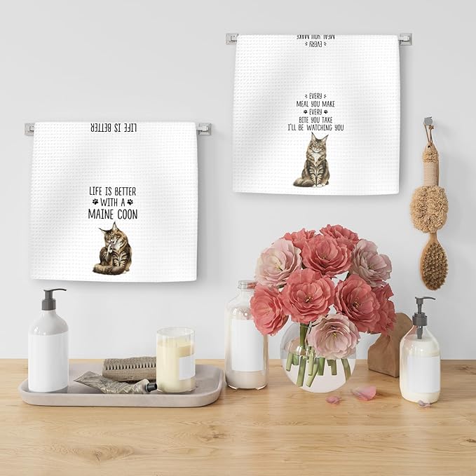 Maine Coon Gifts Cat Kitchen Towels Set of 2, Gifts for MaineCoon Lovers Hand Towels, Life is Better with a Maine Coon Dish Towel Tea Towel for Kitchen, Cat Kitty Owners Kitchen Decor, 16x24In