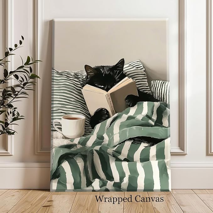 Funny Black Cat Canvas Wall Art, Cute Cat Reading Book In Bed with Coffee Aesthetic Poster, Cozy Striped Green Bedroom Animal Wall Decor, Bookish Art Print for Book Pet Lover 24x36in Wrapped Canvas