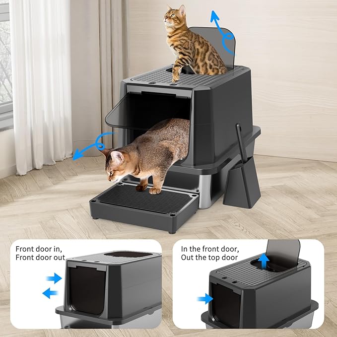 Enclosed Cat Litter Box: Large Stainless Steel Anti Leak Design - All Black - Controls Odor for Indoor Use