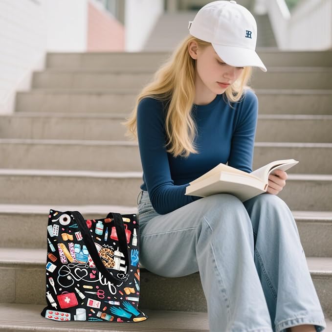 Aesthetic Canvas Tote Bag for Women - with Magnetic Snap Closure & Zipper Inner Pocket Reusable Bag for Shopping