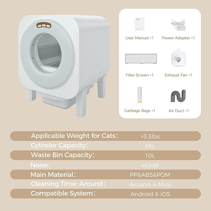 Automatic Cat Litter Box, 68L Self Cleaning Litter Box with APP Control, Dual Safety Protection and Odor Removal for Multiple Cats, White