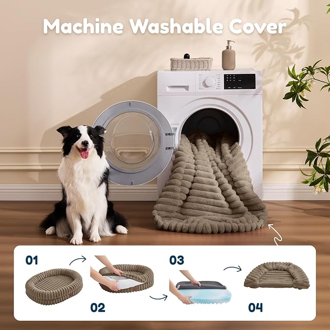 ChiXnuggle Dog Bed Medium Sized Dog - Luxury Striped Faux Fur Waterproof Dog Couch with Removable Washable Cover, Orthopedic Dog Bed with Bolster Sides for Sleeping, Taupe