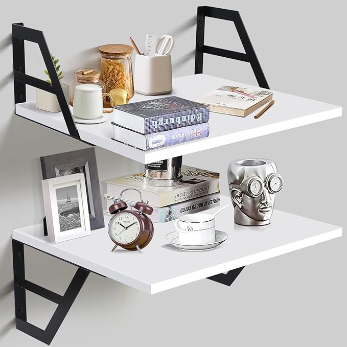 Tectocker-DOU Set of 2 Deep Floating Shelves; Mounted Book Shelf for Living Room, Bedroom Shelves for Wall Decor; Shelves for Wall Storage; Shelving with Metal Brackets, 12 Inches (White)