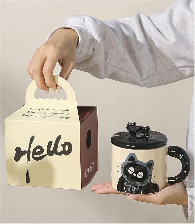 Cat Shaped Mug Suitable For A Variety Of Drinks, Ceramic Mug With Lid, Gift Box For Souvenirs (LightblueGiftBox)
