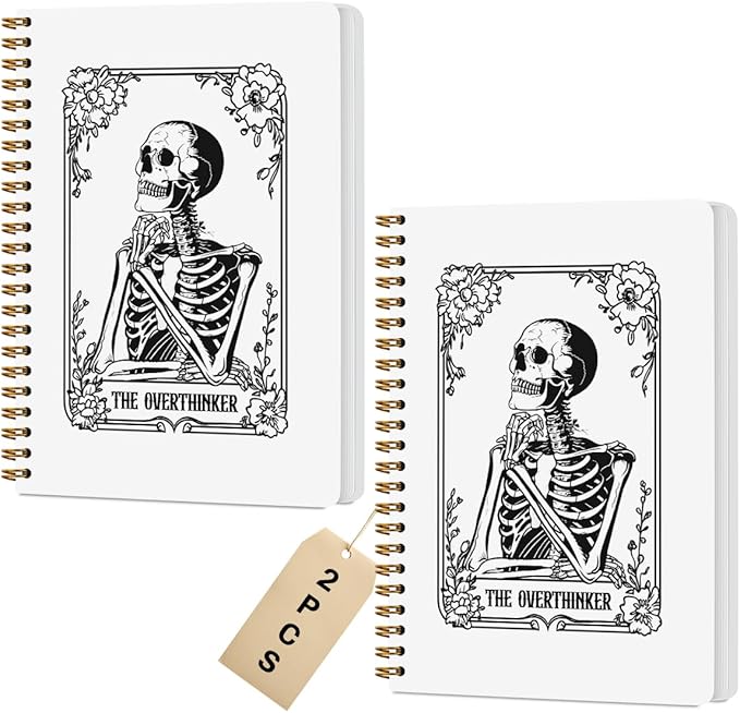 2 Pcs the Overthinker Goth Tarot Spiral Notebook Skull Gothic Tarot Cards Journaling Notebooks Gifts for Women Teacher Friend Teens College Ruled Notebook Journal, Classroom Office Supplies