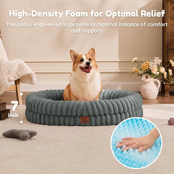 ChiXnuggle Dog Bed Large Sized Dog - Luxury Striped Faux Fur Waterproof Pet Couch with Removable Washable Cover, Orthopedic Pet Bed with Bolster Sides for Sleeping, Grey