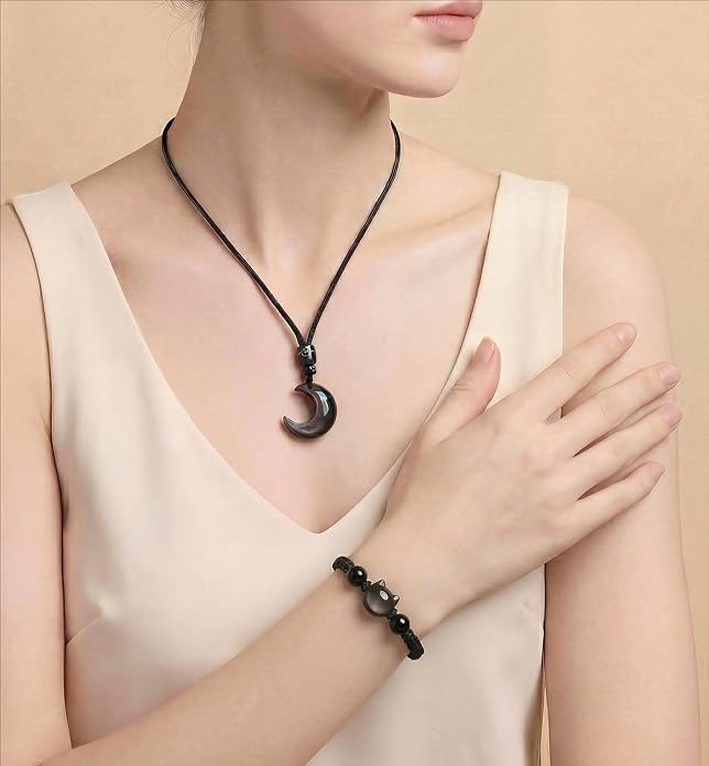Black Obsidian Cat Bracelet and Moon Pendant Necklace Jewelry Set-Cat Lover Gifts,Wealth Attraction,Good Luck,Bead Bracelet,Mindfulness,Beaded Bracelets, Obsidian Pendant Necklace-Cute Gifts for Women