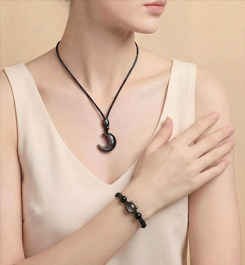 Black Obsidian Cat Bracelet and Moon Pendant Necklace Jewelry Set-Cat Lover Gifts,Wealth Attraction,Good Luck,Bead Bracelet,Mindfulness,Beaded Bracelets, Obsidian Pendant Necklace-Cute Gifts for Women