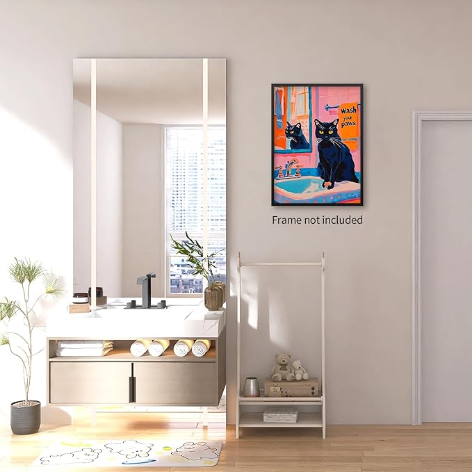 OMANI Black Cat Wash Your Paws Fun Wall Art Funky Colorful Bathroom Animal Poster Playful Kitsch Dopamine Aesthetic Canvas Pictures for Bathroom Wall Decor 12x16 inch Unframed