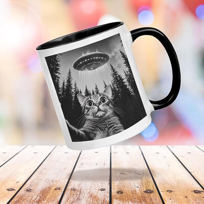 Funny Cat Selfie With UFO Alien Coffee Mug - Gifts for Cat Lovers, Mom, Dad, Owner, Lady - Birthday, Halloween, Christmas - Humor Sarcastic 11OZ Mug