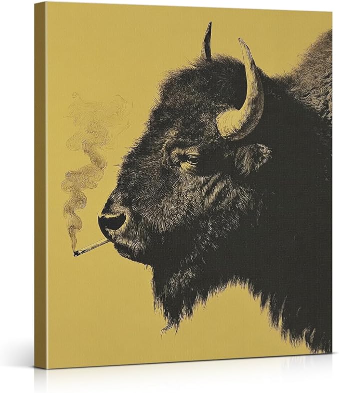 Whimsical Bison Wall Art Decor Vintage Black Bison Print Picture Retro Animal Wall Decor for Home Man Cave Living Room 8x10 Inch Canvas Framed