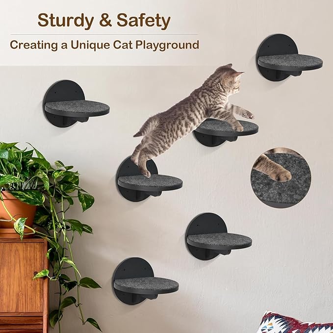 Cat Wall Shelves Furniture Set of 6, Wooden Cat Steps for with Scratching Pad, Sturdy Floating Climber Ladder Stairs, Cats Climbing Wall Systems for Cats Sleep Climb Play