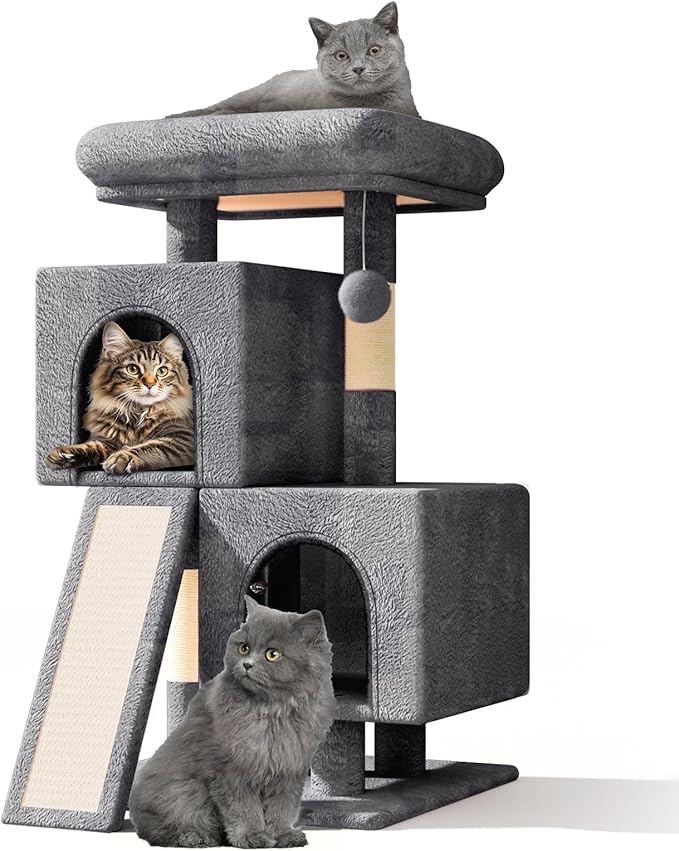 Athena Collection Small Cat Tree, Modern 34 Inch Cute Cat Tree Tower with Scratching Post 2 Condo Activity Platform and Playing Ball for Indoor, Dark Grey