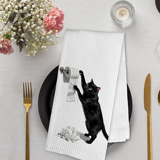 Funny Black Cat Hand Towels Gifts for Women Men, Black Cat Themed Decorative Hand Towels Set of 2, Cute Cats Dish Tea Towels for Kitchen Bathroom Washroom Toilet Decor Decorations, 16x24 Inch