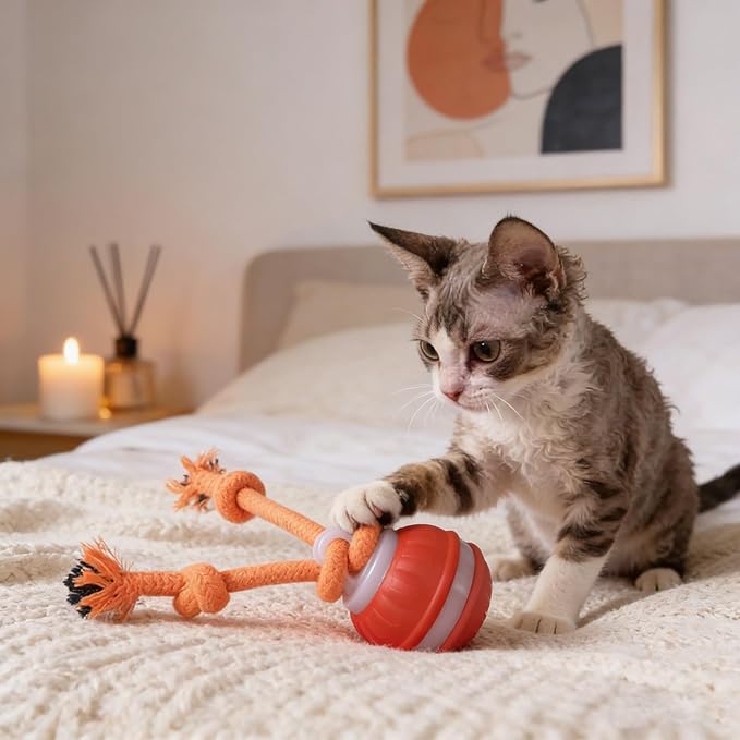Interactive Smart Rolling Cat Toy Ball, Electric Automatic Moving Rolling Dog Toy with Rope and Sound, Motion Activated Dogs Ball, Self Moving Cats Toy for Boredom & Training (1, Orange)