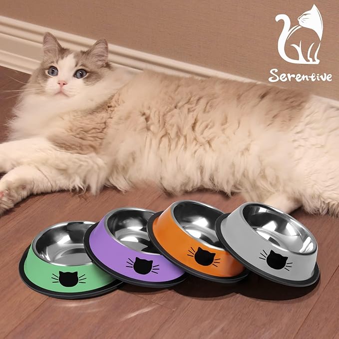 2 Pcs Non-Slip Stainless Steel Small Cat Food Bowls - Unbreakable, 7 Oz, Suitable for Indoor Small Pets - Removable Rubber Base, Easy to Clean, Lovely Color