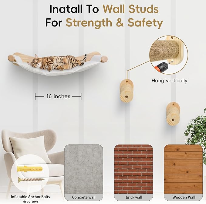 Cat Wall Hammock, 2 Pcs Cats Climbing Shelf, Large Wall Shelves Bed and Scratcher Board for Climbing, Sleeping, Playing, Scratching Mat,for Indoor Cat Mounted Furniture Perch