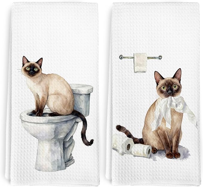Funny Siamese Cat Hand Towels for Washroom Bathroom Toilet Decor, Siamese Cat Gifts for Women Men, Cat Lover Gift Decorative Hand Towels Set of 2, Kitty Themed Dish Tea Towel, 16x24 Inch