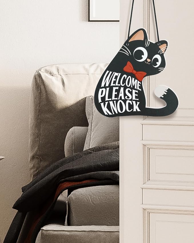 Putuo Decor Do Not Disturb Sign Welcome Please Knock, Cute Cat Door Sign Decor Reversible Double Sided Aesthetic Hanger Plaque for Room Front Door Porch Home Decor, Cat Lover Gifts Black