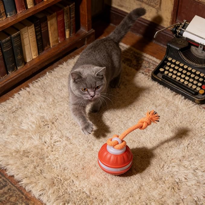 Interactive Smart Rolling Cat Toy Ball, Electric Automatic Moving Rolling Dog Toy with Rope and Sound, Motion Activated Dogs Ball, Self Moving Cats Toy for Boredom & Training (1, Orange)