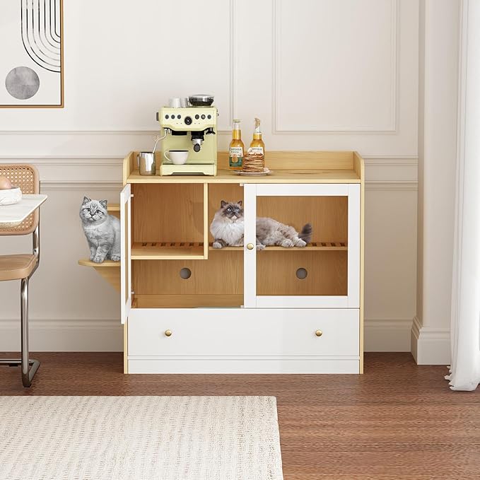 Extra Large Cat Litter Box Enclosure Furniture Hidden, Cat Condo Cabinet Pet House with Stairs for 2, Nightstand Side Table witha Large Drawer for Living Room, Natural