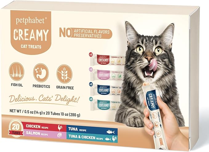 PETPHABET Lickable Cat Treats Squeeze, Creamy Puree Squeezable Wet Kitten Treats, 4 Flavors Variety Pack 20 Tubes, Paste Snacks for Skin & Coat Health, Digestive Care, High Protein, Grain Free