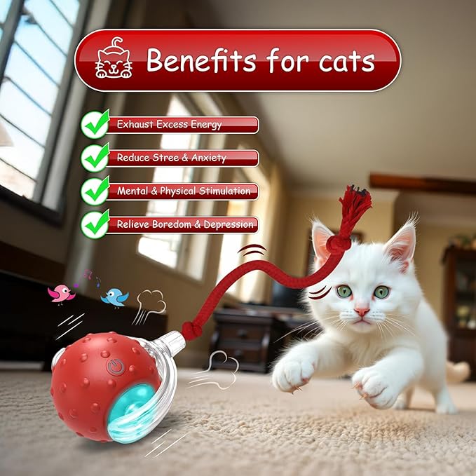 Interactive Cat Toys for Indoor Cats, 360° Smart Automatic Rolling Pet Ball, Rollie Pet Cat Toy, Electric Rolling Ball Dog Toy, Moving Cat Ball with Mesh Tail, Interactive Dog Toys for Small Dogs-Red