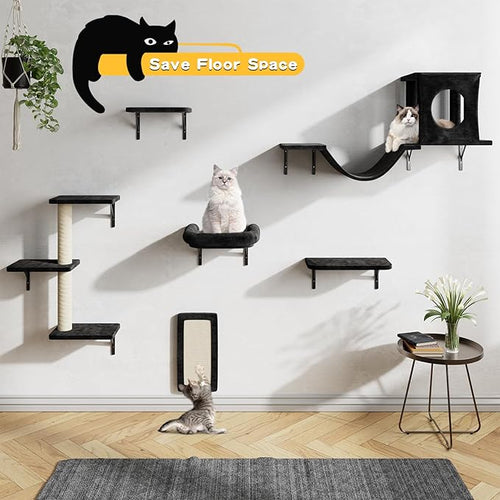 6-in-1 Cat Wall Shelves, Wall Mounted Cat Climber with Condo House, Scratching Post, Bridge Ladder, Space-Saving Indoor Play Furniture for Kittens, Black