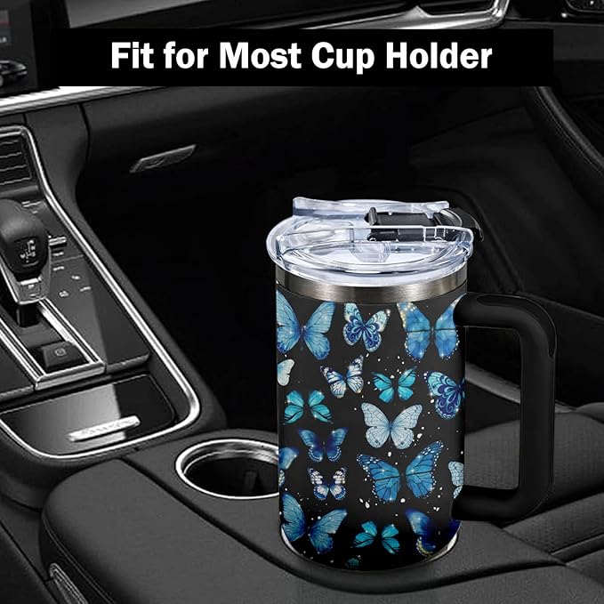 Butterfly Tumbler 40oz with Handle - Blue Butterfly Gifts for Women, Insulated Stainless Steel Water Bottle with Straw, Cute Travel Coffee Mug Cup for Mom Her Birthday Christmas