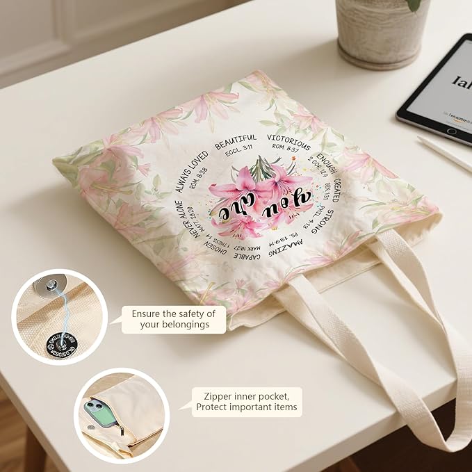 Aesthetic Canvas Tote Bag for Women - with Magnetic Snap Closure & Zipper Inner Pocket Reusable Bag for Shopping