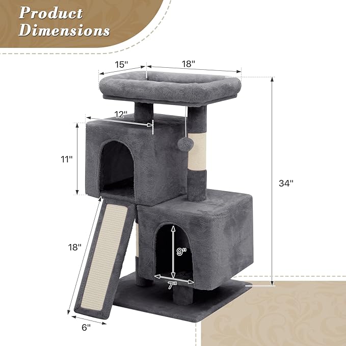 Athena Collection Small Cat Tree, Modern 34 Inch Cute Cat Tree Tower with Scratching Post 2 Condo Activity Platform and Playing Ball for Indoor, Dark Grey