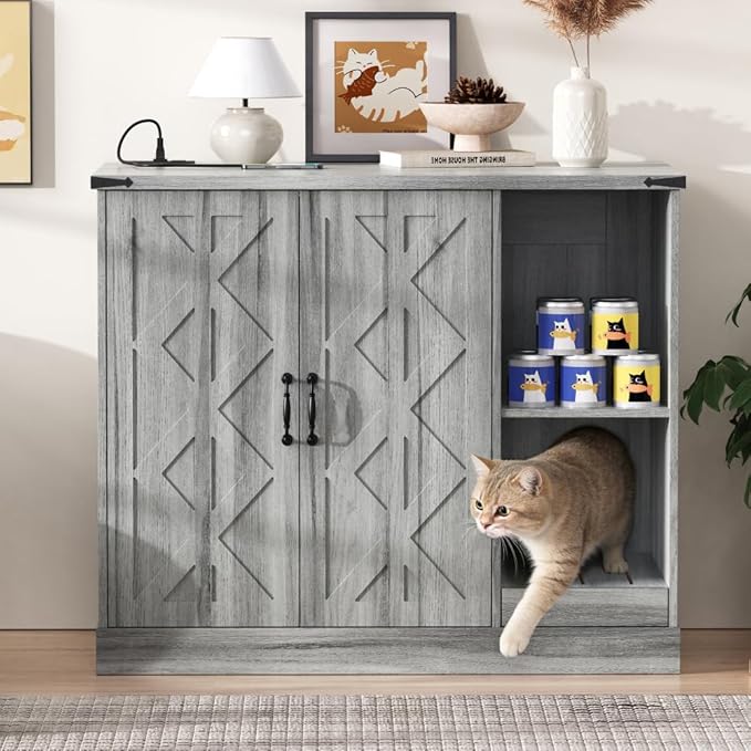 Modern Cat Litter Box Cabinet Furniture with Power Outlet for Automatic Cleaner, Hidden Enclosure Featuring Litter Catcher Trap Door, Adjustable Storage Shelves, Gray