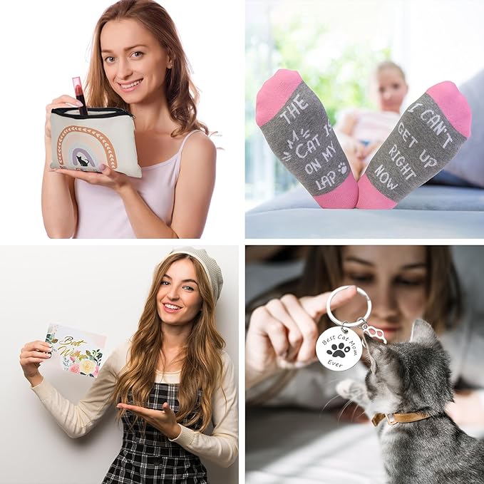 Kolewo4ever 7 Pieces Gifts for Cat Lovers,Cat Lover Gifts for Women,Christmas Gift for Women,Cats Gift for Lovers with Makeup Bag,Socks,Greeting Cards,Candle,Tumbler,Keychain