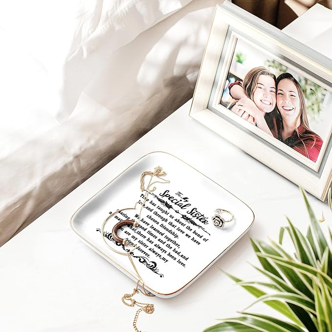 PUDDING CABIN Mother's Day Sister Gifts from Sister Birthday Gifts, Ceramic 5.5inch Jewelry Dish Ring Tray - “You are My Sisters Always, My Friend Forever Gift for Big or Little Sisters
