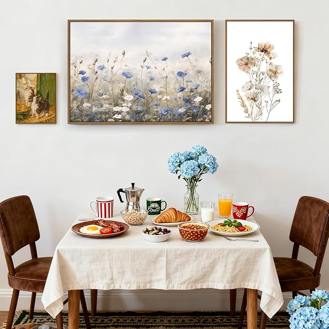 Vintage Floral Wall Art Blue White Flower Canvas Art Prints Wildflower Pictures Wall Decor Nature Landscape Oil Painting Framed Botanical Artwork for Girls Room Bedroom Farmhouse Decoration, 24''x36''