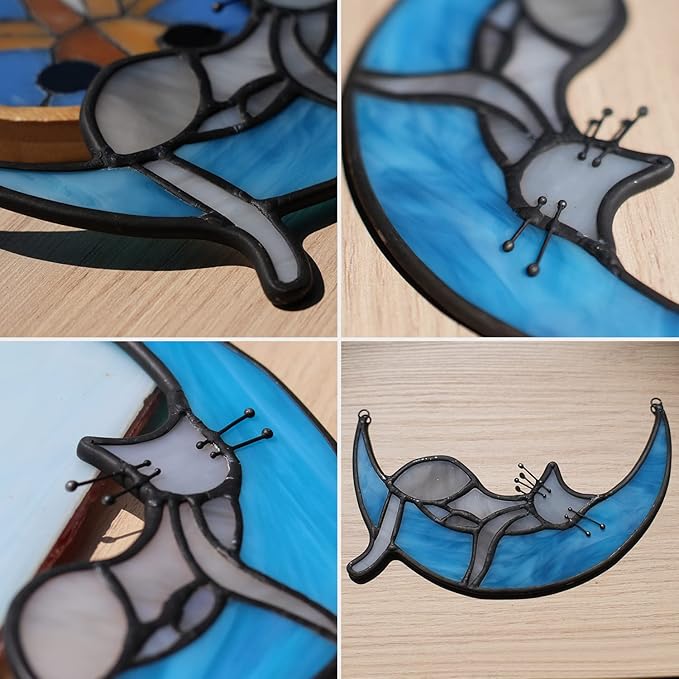 BOXCASA Handcrafted Grey Cat on Moon Stained Glass Suncatcher - Decorative Window Hanging for Cat Lovers, Mothers Day for Women,Mom,Daughter,Wife