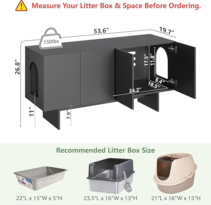Double Litter Box Enclosure, Litter Box Enclosure for 2 Litter Boxes, Modern Litter Box Furniture for 2 Cats, Scandi Style (Black)