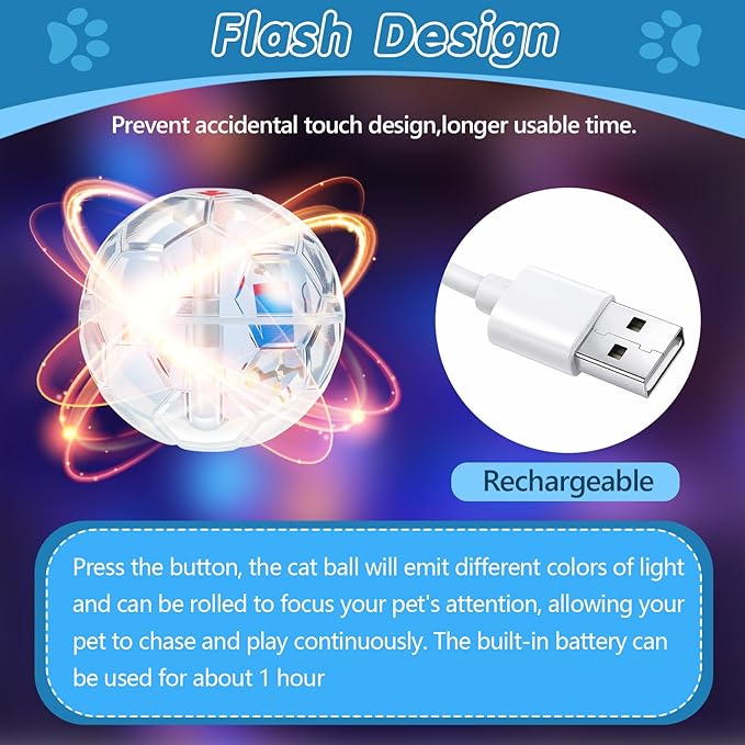 Sratte 4 Pcs Rechargeable Cat Ball Ghost Hunting Light up Cat Balls Toys Motion LED Motion Activated Flash Glowing Lighted Dog Interactive Toys Pet, Clear