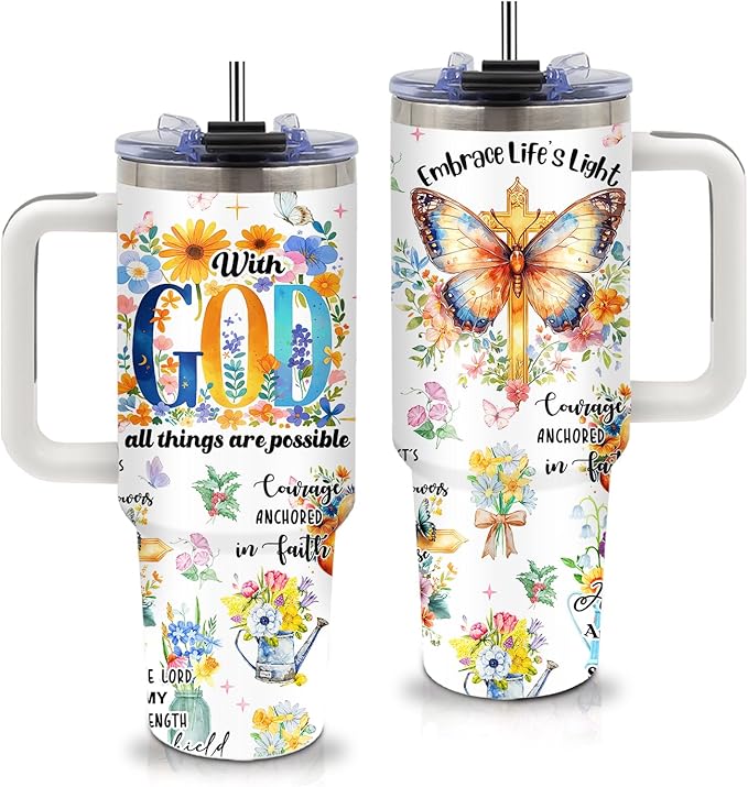 Christian Gifts for Women - 40oz God Tumbler with Straw and Handle, Religious Insulated Tumbler for Mom, Bible Verse Tumblers for Girls, Scripture Coffee Tumblers, Birthday Faith Base Gifts Believers